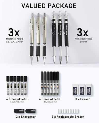Nicpro 6PCS Art Mechanical Pencil Set, 0.5/0.7/0.9/2mm Point