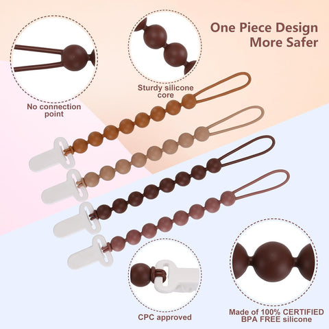 4-Pack Silicone Pacifier Clips with One-Piece Beads for Baby Boys and Girls - Flexible and Rust-Free Holders for Teething Relief and Baby Essentials, Safe for Newborns (Brown)