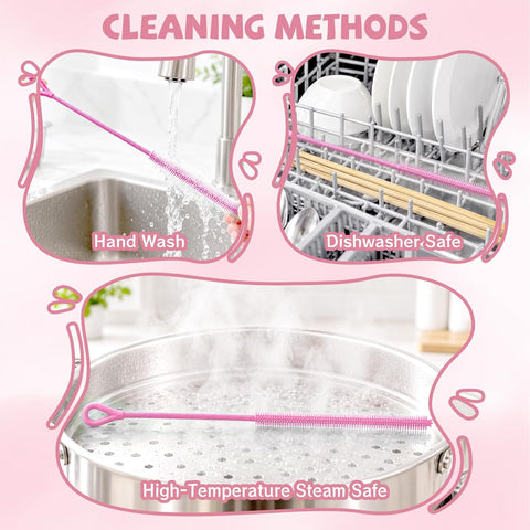 AONEZ Pink Silicone Straw Cleaner Brushes,2 Pack, 0.24" & 0.35" Sizes