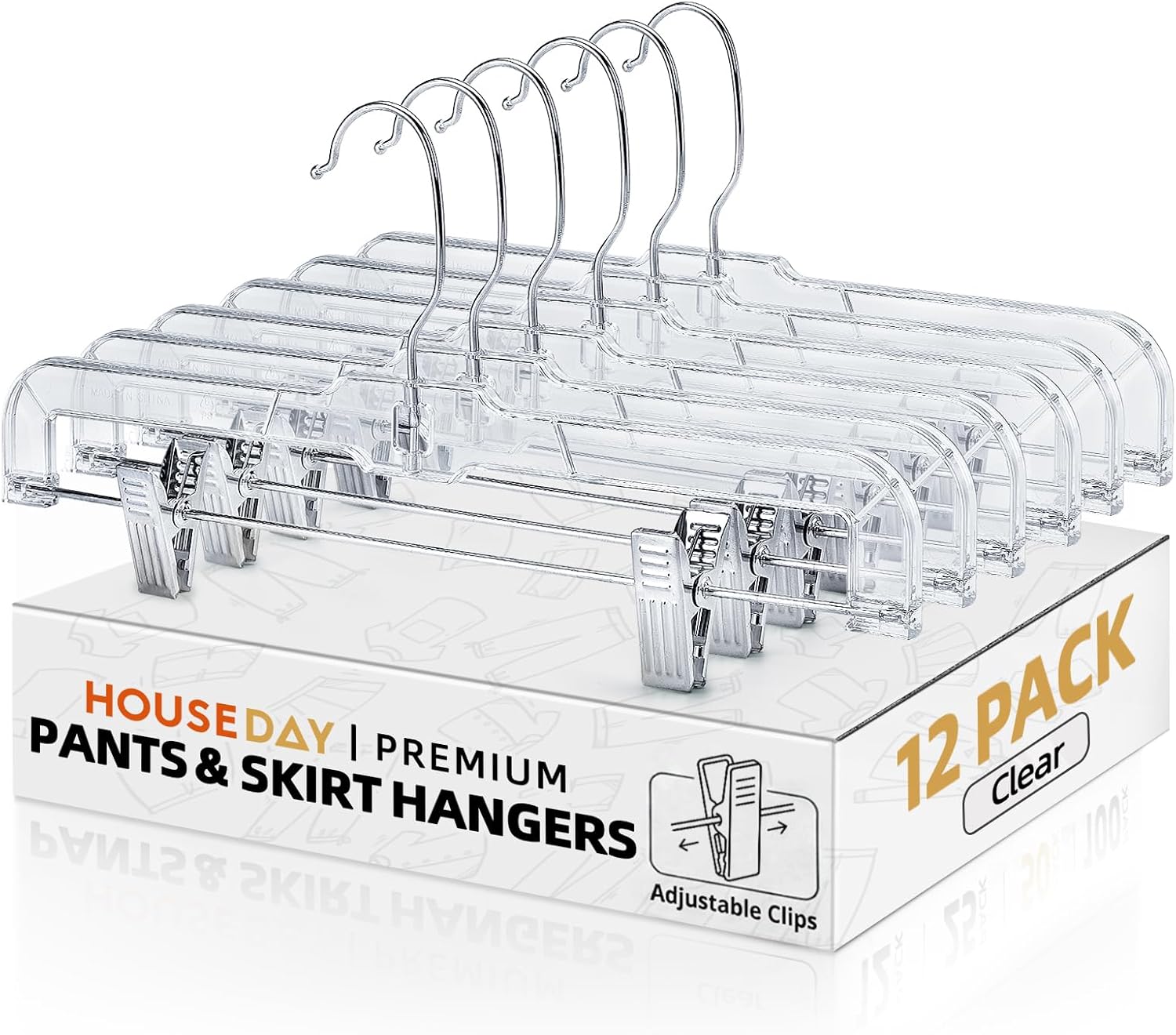 HOUSE DAY 14 Inch Clear Pants Hangers with Clips 12 Pack, Skirt Hangers