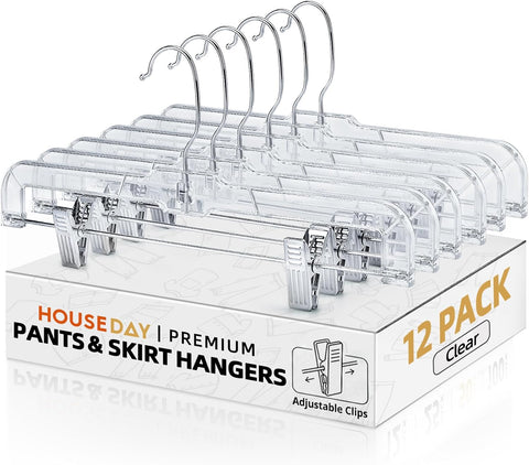 HOUSE DAY 14 Inch Clear Pants Hangers with Clips 12 Pack, Skirt Hangers