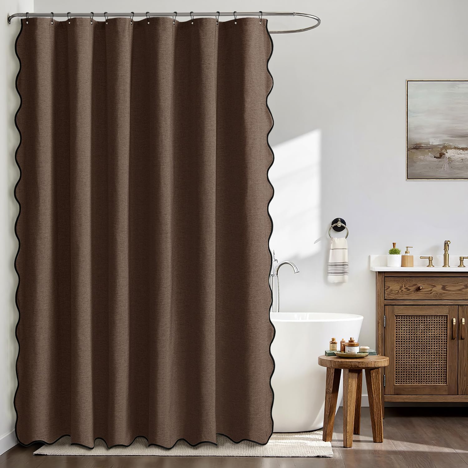 MIULEE Brown Scalloped Linen Shower Curtain 72x72 Inches