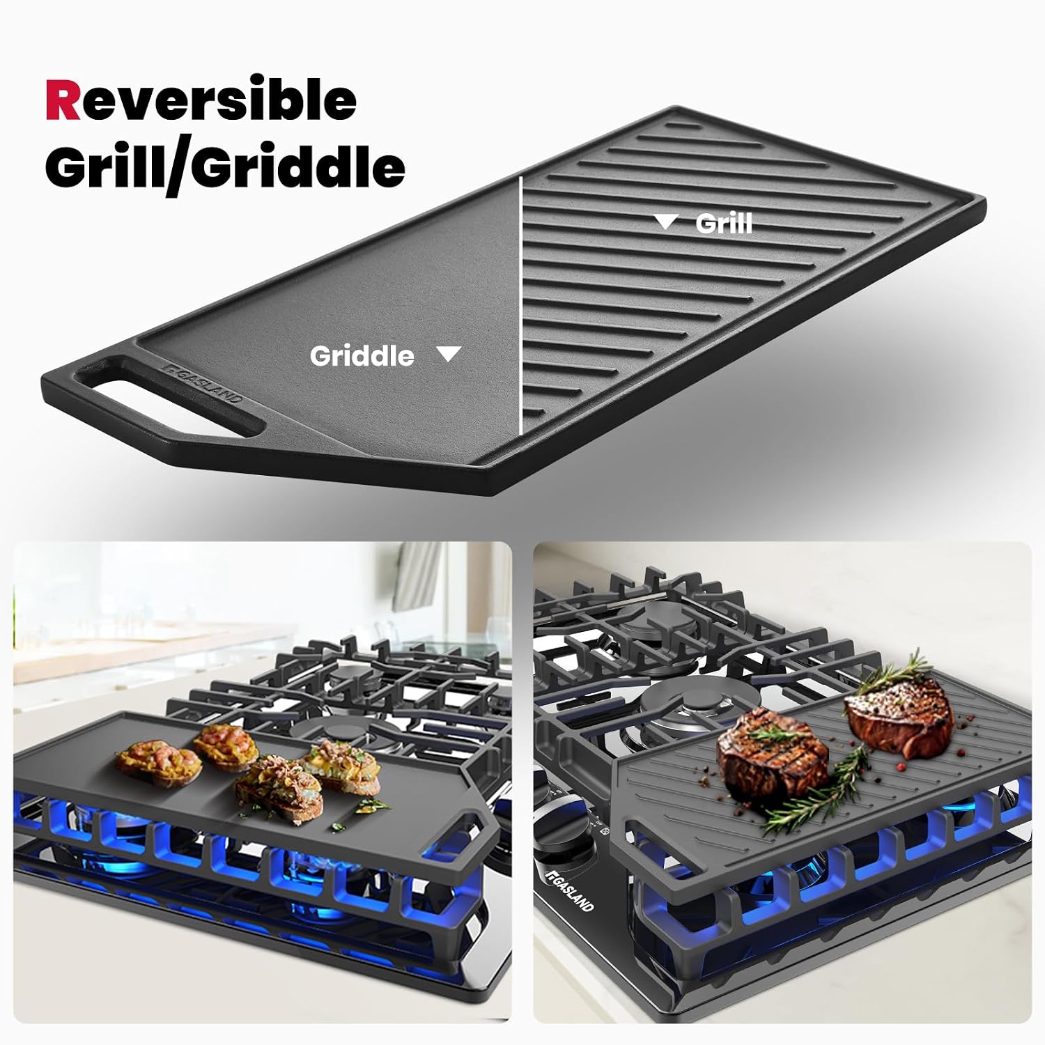 GASLAND 30 Inch Gas Cooktop with Griddle Black, PRO GH3305EF Gas Stovetop with 5 Burners, Reversible Cast Iron Grill/Griddle, Plug-in, NG/LPG Convertible, 120V Black, CSA certified