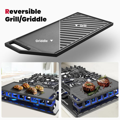 GASLAND 30 Inch Gas Cooktop with Griddle Black, PRO GH3305EF Gas Stovetop with 5 Burners, Reversible Cast Iron Grill/Griddle, Plug-in, NG/LPG Convertible, 120V Black, CSA certified