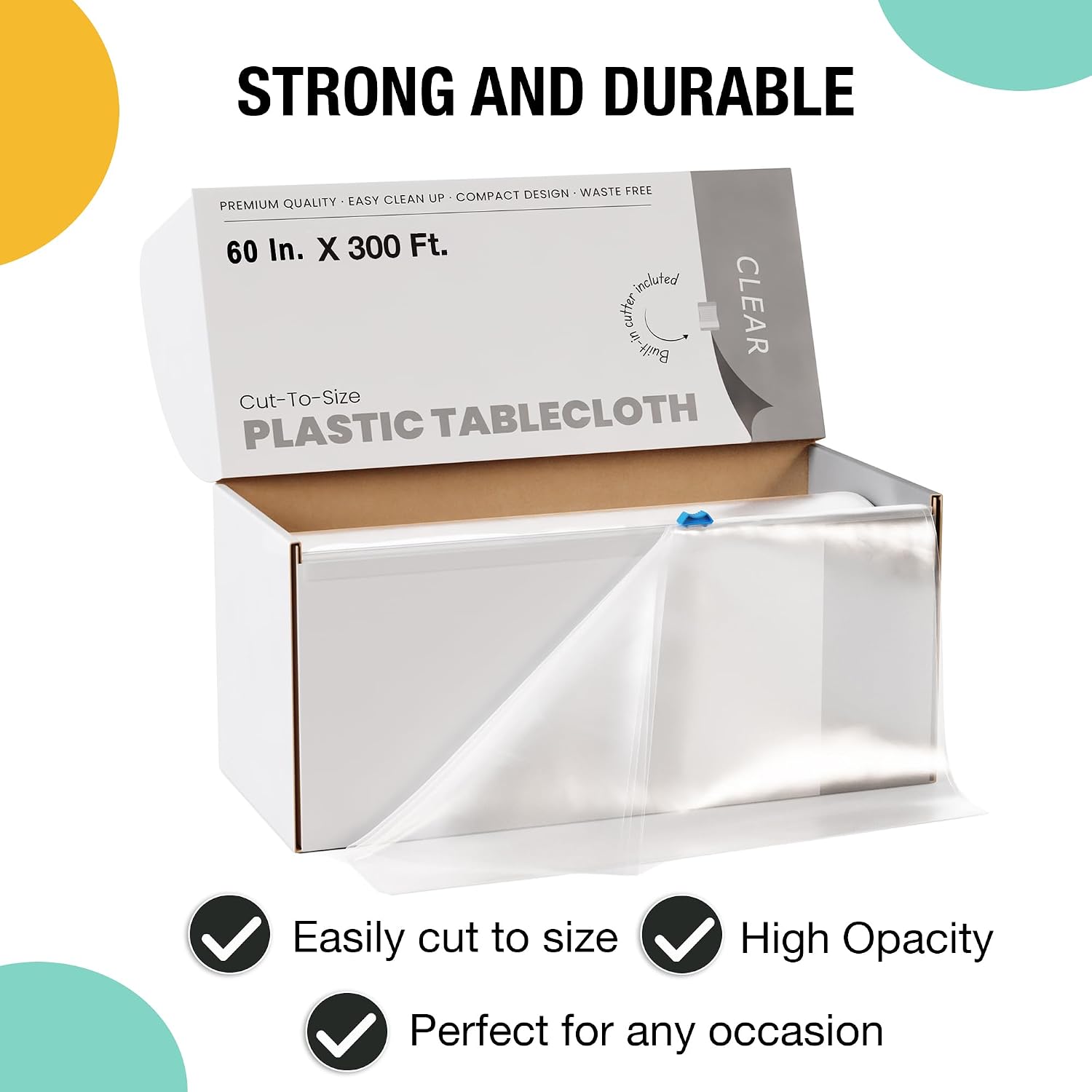Party Solids 60 Inch X 300 Feet Clear Plastic Table Cover Roll in A Cut - to - Size Box with Convenient Slide Cutter. Cuts Up to 36 Rectangle 8 Feet Plastic Disposable Tablecloths