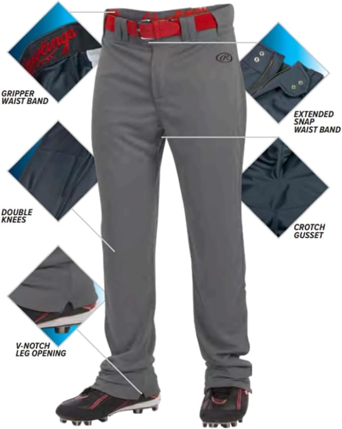 Rawlings Men's Launch Baseball Pants | Full Length Semi-Relaxed Fit | Piped