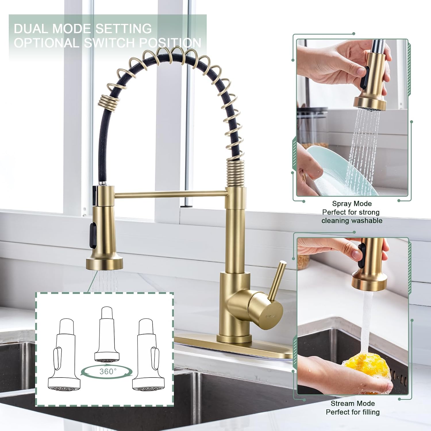 WEWE Pull-Down Kitchen Faucet, 2-Mode Sprayer, Gold, High Arc