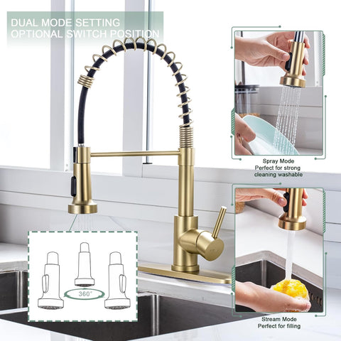 WEWE Pull-Down Kitchen Faucet, 2-Mode Sprayer, Gold, High Arc