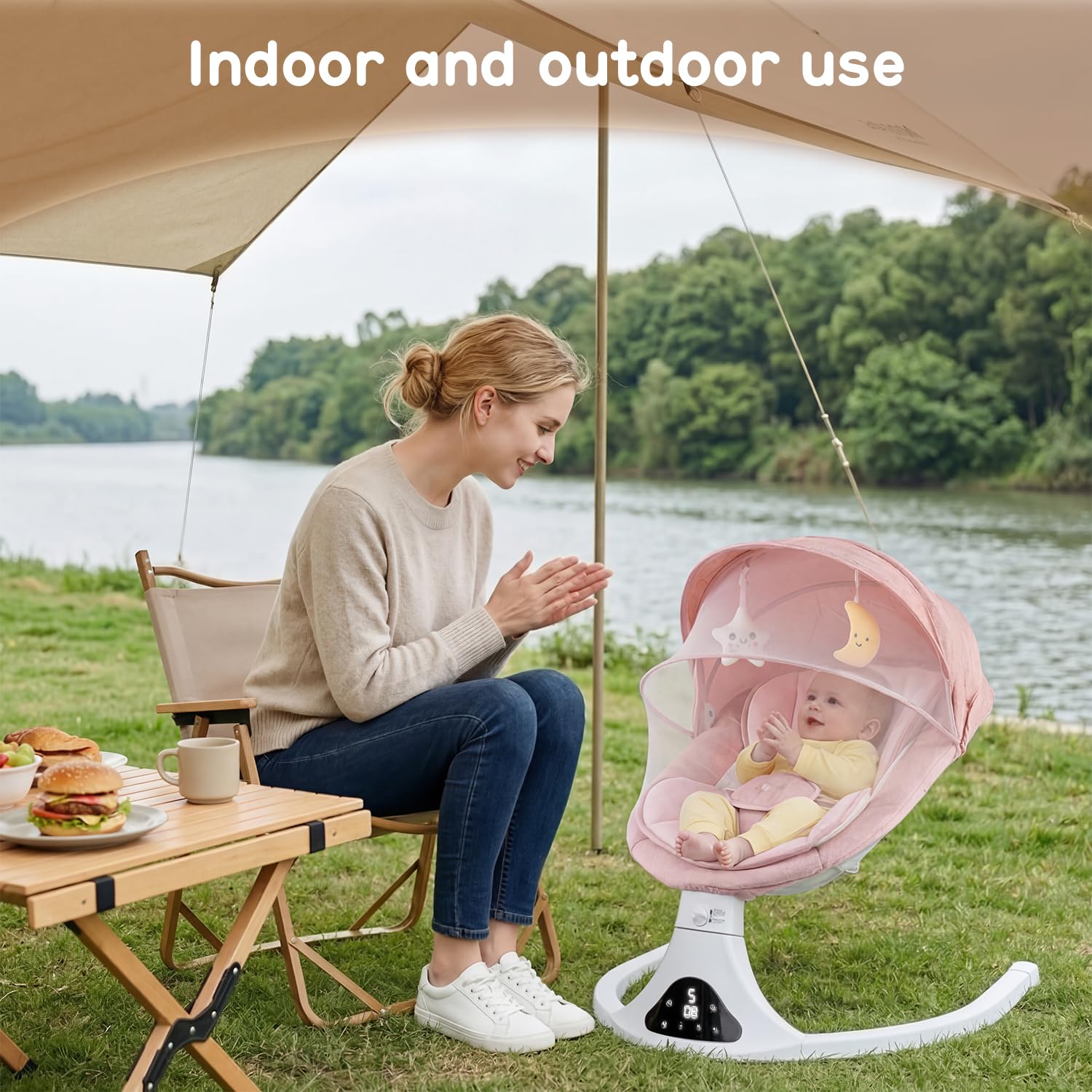 Electric Baby Swing with Remote Control,5 Speeds&Portable&Cozy(0-12M,Pink)