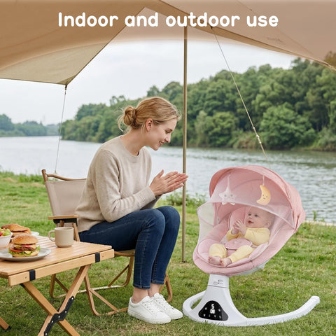 Electric Baby Swing with Remote Control,5 Speeds&Portable&Cozy(0-12M,Pink)