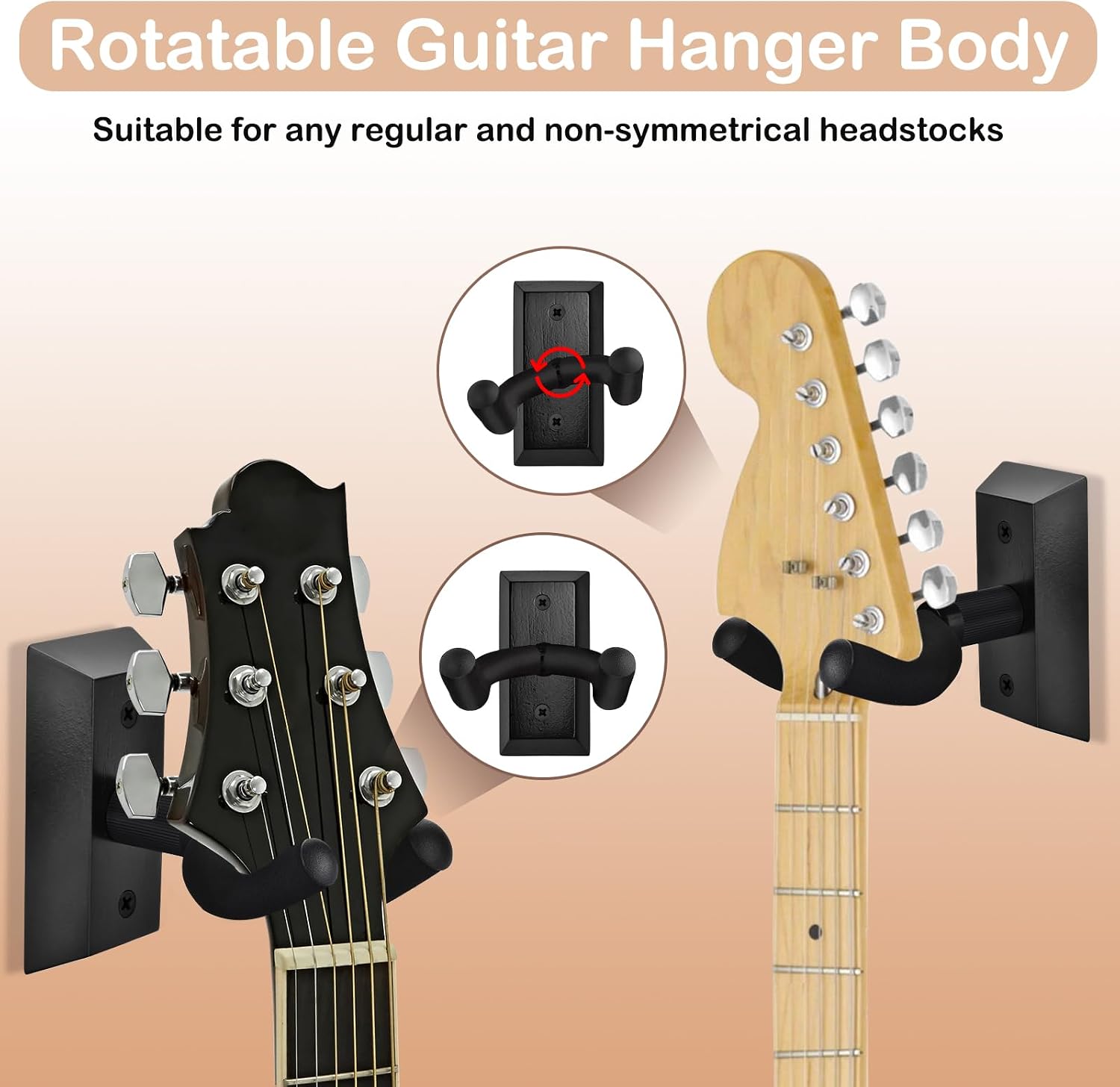 DOMMI Guitar Wall Mount 4 Pack, Guitar Hanger with Rotatable Soft Guitar Holder for All Size Guitars, Hardwood U-Shaped Guitar Wall Hanger for Acoustic, Electric Guitar, Bass, Blackwood