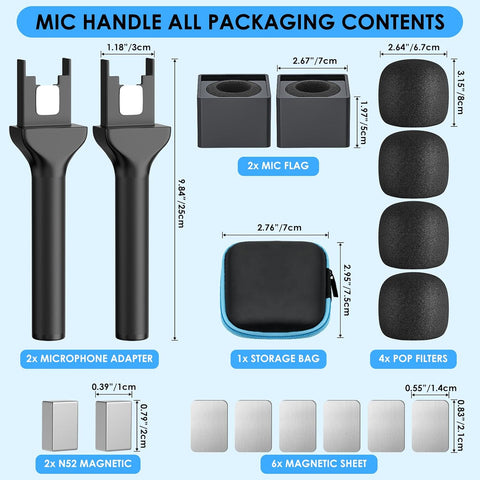 Handheld Adaptor for Interview Mic, 2 Packs Wireless Mic holders for DJI/Rode/Hollyland Lark Lavalier, Universal Magnetic Microfono Stand with Foam Windshield & Flag Station for Interview/Vlogging