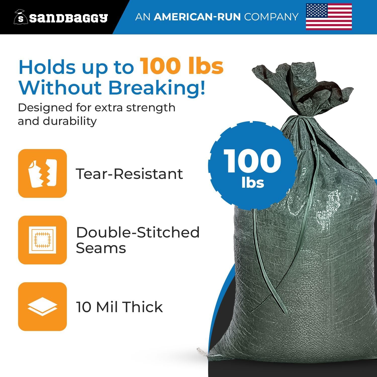 Sandbaggy - Heavy Duty Empty Sandbags For Flooding (14" X 26") - Poly Sand Bags For Flood Barrier, Weight, Construction, Earth Bag Homes - Reusable, UV Resistant - Tie Strings Attached (30 Bags)