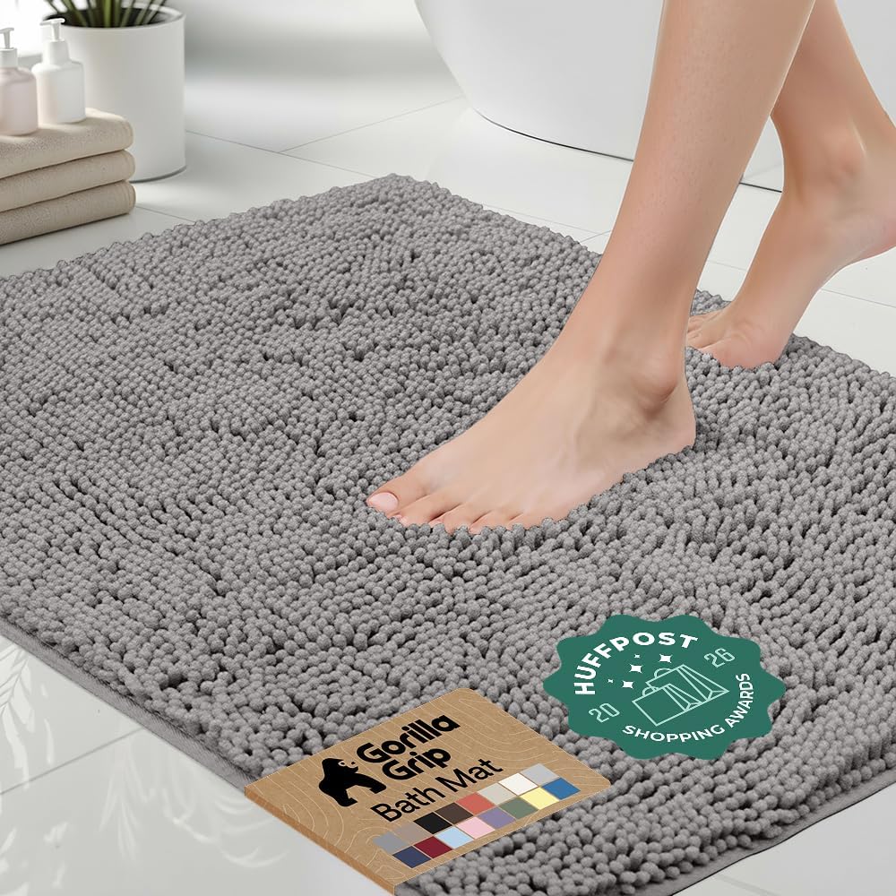 GORILLA GRIP Bath Rug Mat for Bathroom, Absorbent Chenille, 24x17 Gray