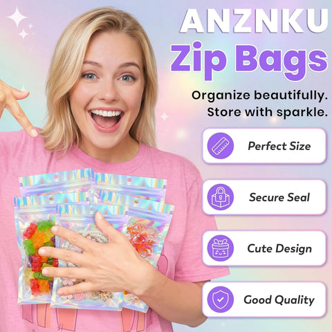 ANZNKU Holographic Mylar Bags Resealable 50PCS, 5.5x7.8 Smell Proof Packaging Bags Snack Baggies for Candy Jewelry Goodie Party Favor, Small Plastic Pouches Bulk for Small Business Halloween Christmas