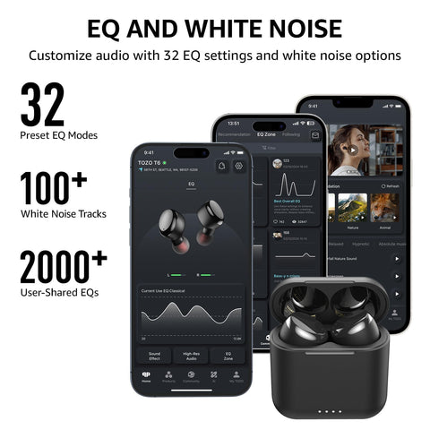 TOZO T6 True Wireless Earbuds Bluetooth 5.3 Headphones 45H Long Playtime, Wireless Charging Case, IPX8 Waterproof Stereo Earphones, Built-in Mic Calls, Headset Premium Deep Bass 32 Preset EQs via APP