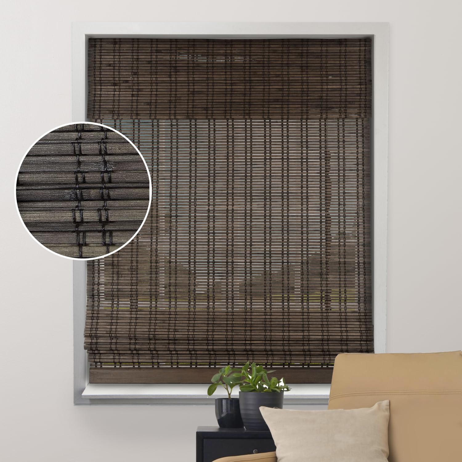 ARLO BLINDS Bamboo Roman Shades w/Valance 34" W x 74" H, Dali Walnut