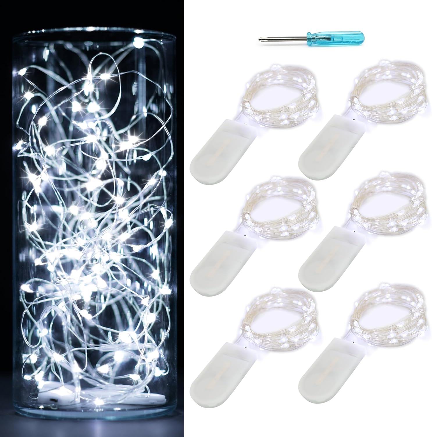 6Pack Fairy Lights Battery Operated,No Remote Firefly Light,7ft Cool White