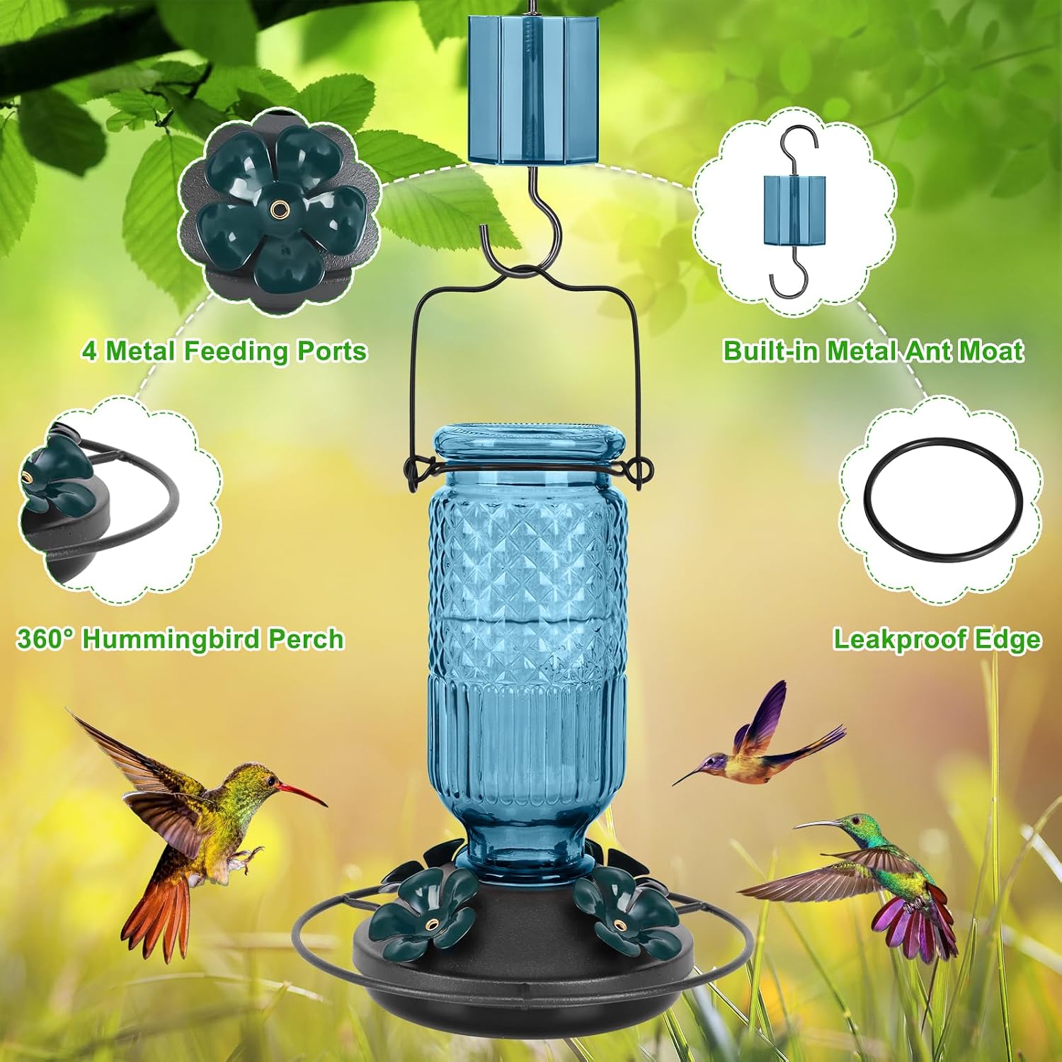 FEED GARDEN Glass Hummingbird Feeder for Outdoors Hanging, 16 OZ Humming Bird Feeders with 4 Bee Guard Feeding Ports & Built-in Ant Moat, Hummingbird Gifts for Mom Bird Feeder for Outside, Blue,2 Pack