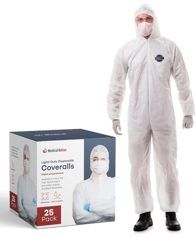 Medical Nation Hazmat Suits Disposable | 25 Pack | Light Duty Disposable Coveralls Men | with Attached Hood - Overall Protective Chemical Suit for Men & Women, Disposable Paint Suit - Size 2X-Large