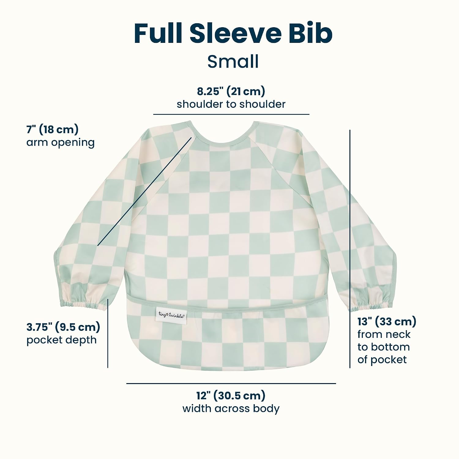 Tiny Twinkle Long Sleeve Bib for Babies & Toddlers | Waterproof Smock Bib for Eating | Machine Washable & Mess-Proof Feeding Essentials | Newborn Shower Gift (Checkers Sage, 6–24M)