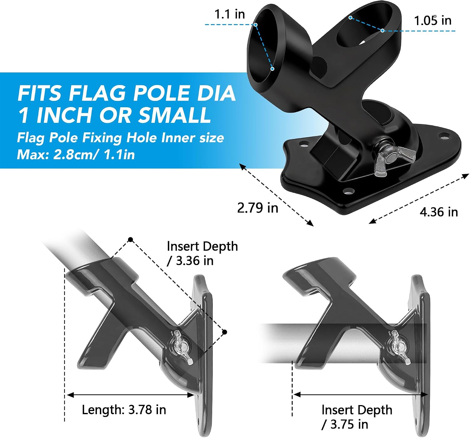 HOOPLE Flag Pole Holder for Outside House, Heavy Duty Aluminum Flag Holder & Flag Pole Mounting Bracket, Rust Free Wall Mount Flag Bracket with Stainless Hardware, Fits 1” Flag Pole (Black-1Pack)