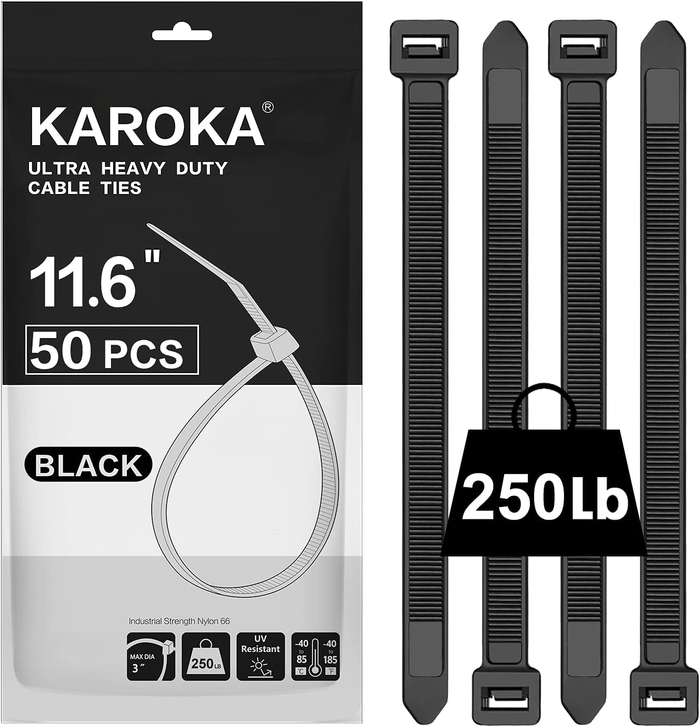 Industrial Zip Ties Heavy Duty with 250 lbs Tensile Strength, 11.6 inch, Electrical Cable Ties Heavy Duty, 50 Pieces, Wide and Thick Zip Ties, by Karoka