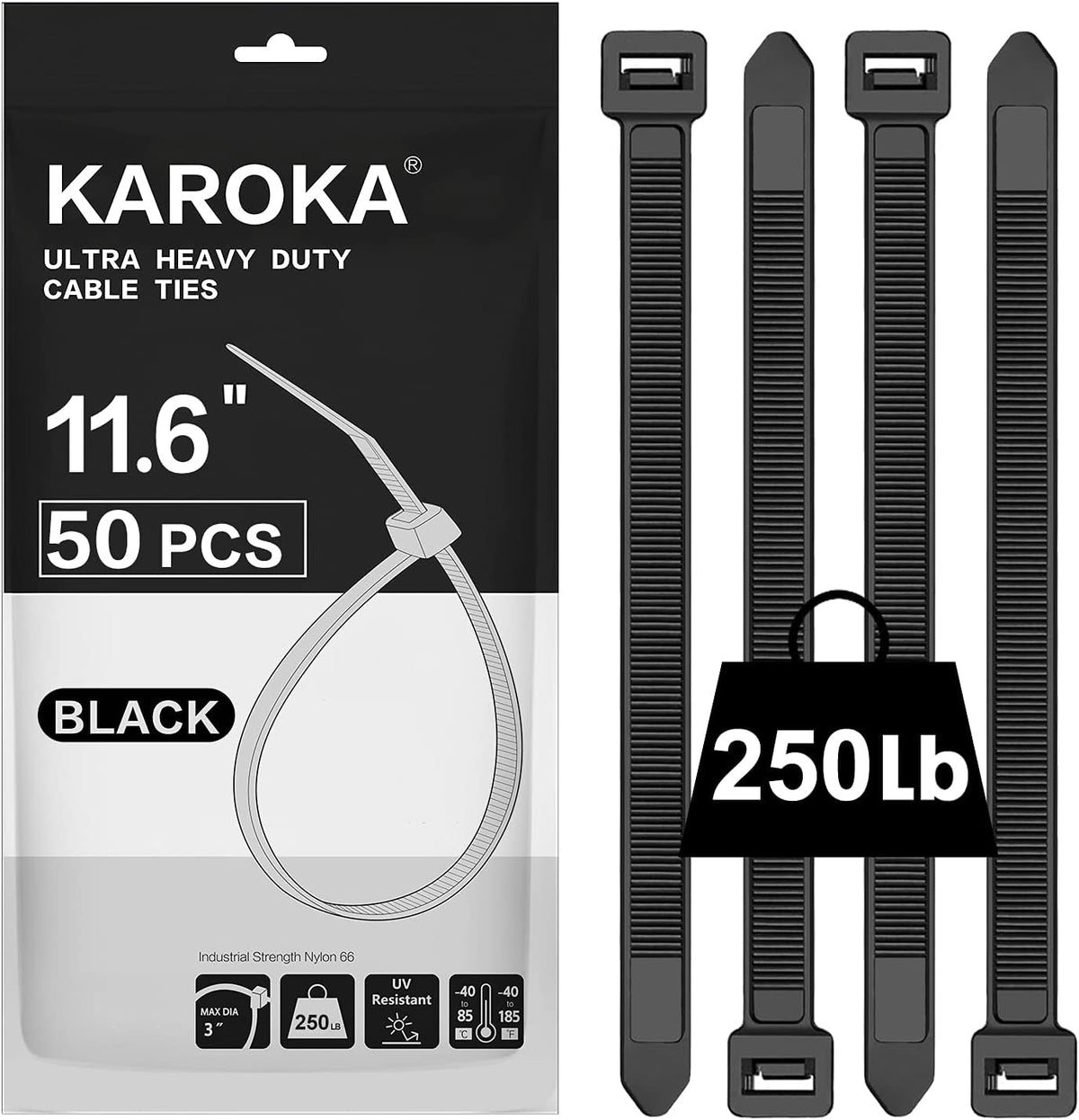 Industrial Zip Ties Heavy Duty with 250 lbs Tensile Strength, 11.6 inch, Electrical Cable Ties Heavy Duty, 50 Pieces, Wide and Thick Zip Ties, by Karoka