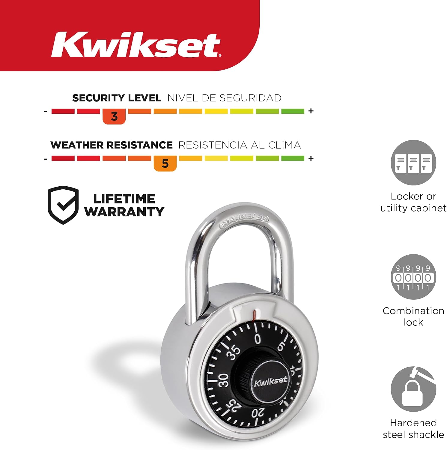 Kwikset Combination Dial Padlock, 3-Digit, 2 in Body, Steel, 1-Pack, Black