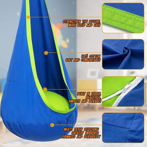 Y- STOP Kids Pod Swing Seat, Hanging Hammock Chair with Inflatable Pillow, Sensory Swing Chair with Pocket for Outdoor and Indoor, Max 176Lbs (Blue and Green)