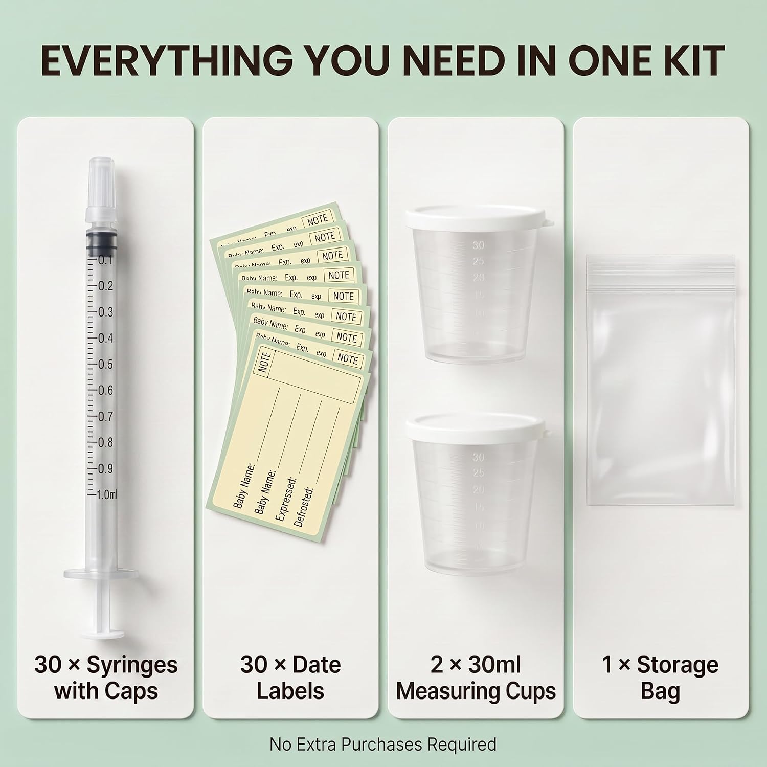 30 Set Colostrum Syringes Kit with Labels 1mL Colostrum Collector Freezer Safe Sterile Syringes with Cap, BPA-Free, Measuring Cup, Storage Bag