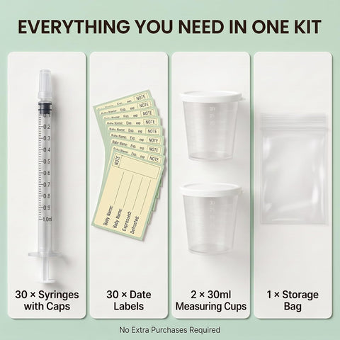 30 Set Colostrum Syringes Kit with Labels 1mL Colostrum Collector Freezer Safe Sterile Syringes with Cap, BPA-Free, Measuring Cup, Storage Bag