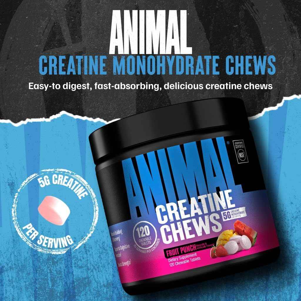 Animal Creatine Chews Tablets - Enhanced Creatine Monohydrate with AstraGin to Improve Absorption, Sea Salt for Added Pumps, Delicious and Convenient Chewable Tablets - Fruit Punch
