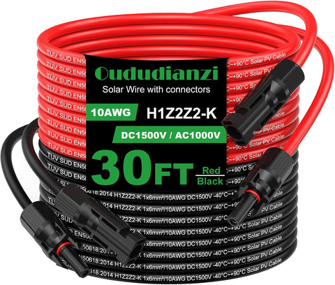 Oududianzi Solar Extension Cable 30Ft 10AWG, Solar Wire, 10 Gauge Tinned Copper PV Wire, Solar Panel Cables with Waterproof Male and Female Connectors for Home Boat RV Solar Photovoltaic Systems