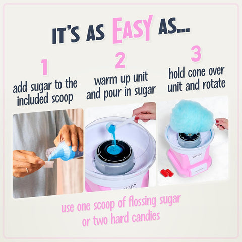 Nostalgia Cotton Candy Machine -Cotton Candy Maker With 2 Reusable Cones, 1 Sugar Scoop - Cotton Candy Machine for Kids Works with Flossing Sugar or Hard Candy for Fun & Convenience-Pink