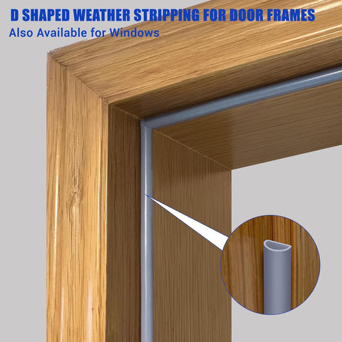Weather Stripping Door Seal, Self Adhesive Silicone D Shaped Weather Strip, Door Seal Strip for Door Frame/Window Seal, 20Ft, Grey (3/8" W × 1/4" T)
