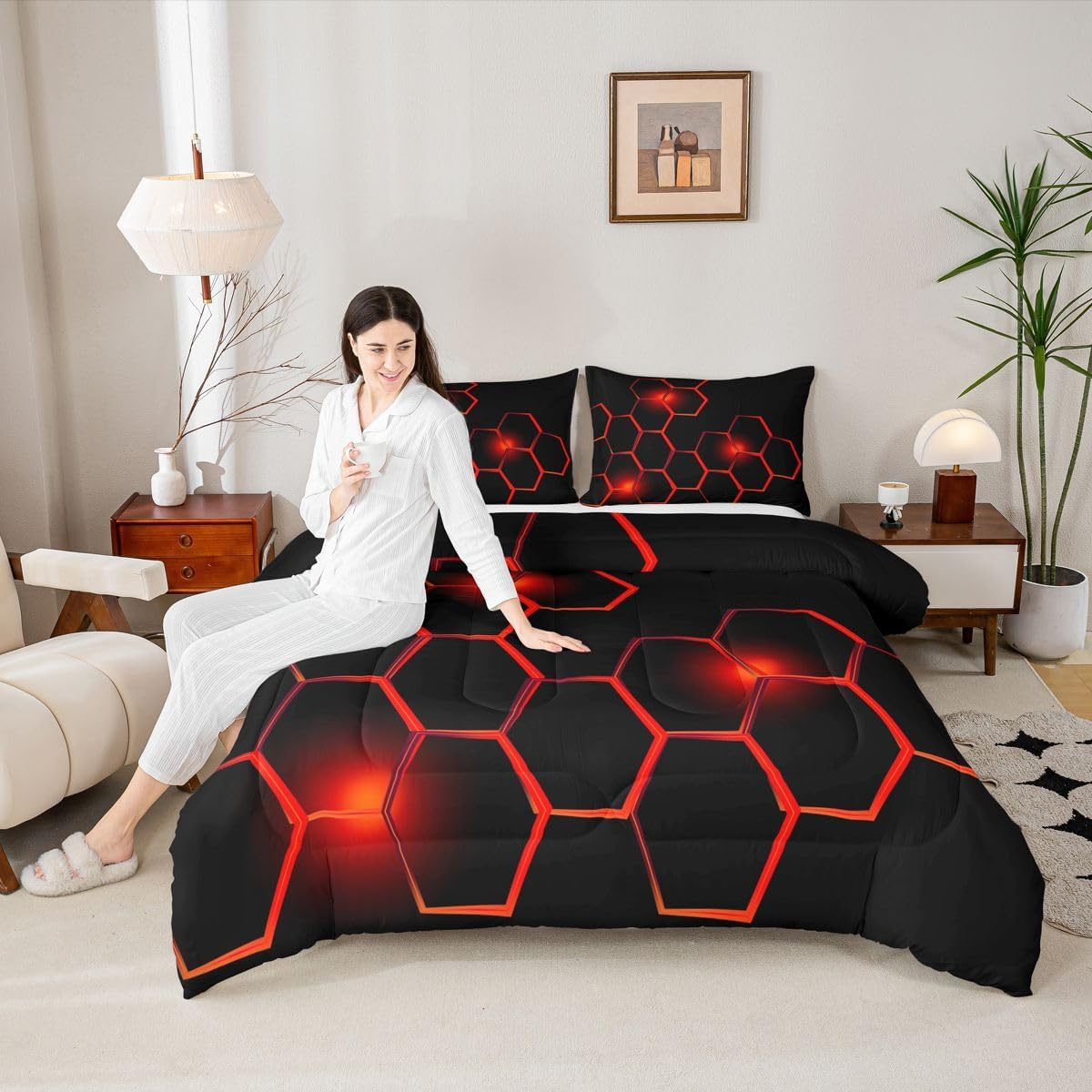 Feelyou Honeycomb Kids Comforter Set Modern Hexagon Bedding Set for Boys