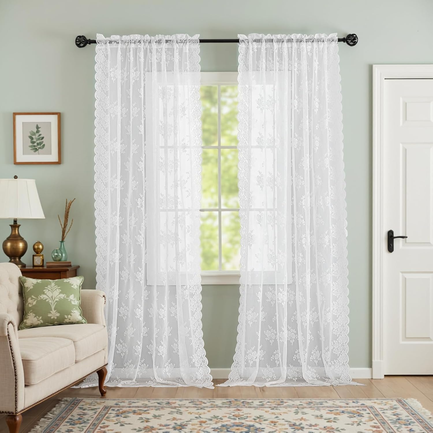 Kotile White Lace Curtains for Living Room Floral 52 x 84 Inch, 2 Panels