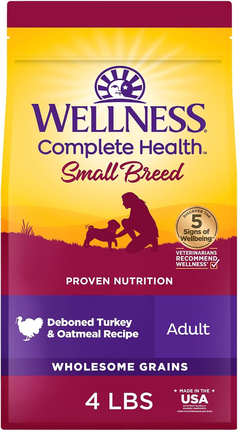 Wellness Complete Health Small Breed Adult Dry Dog Food, Wholesome Grain Kibble, Natural, Turkey and Oatmeal Recipe, 4 lb Bag