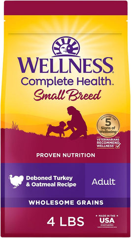 Wellness Complete Health Small Breed Adult Dry Dog Food, Wholesome Grain Kibble, Natural, Turkey and Oatmeal Recipe, 4 lb Bag
