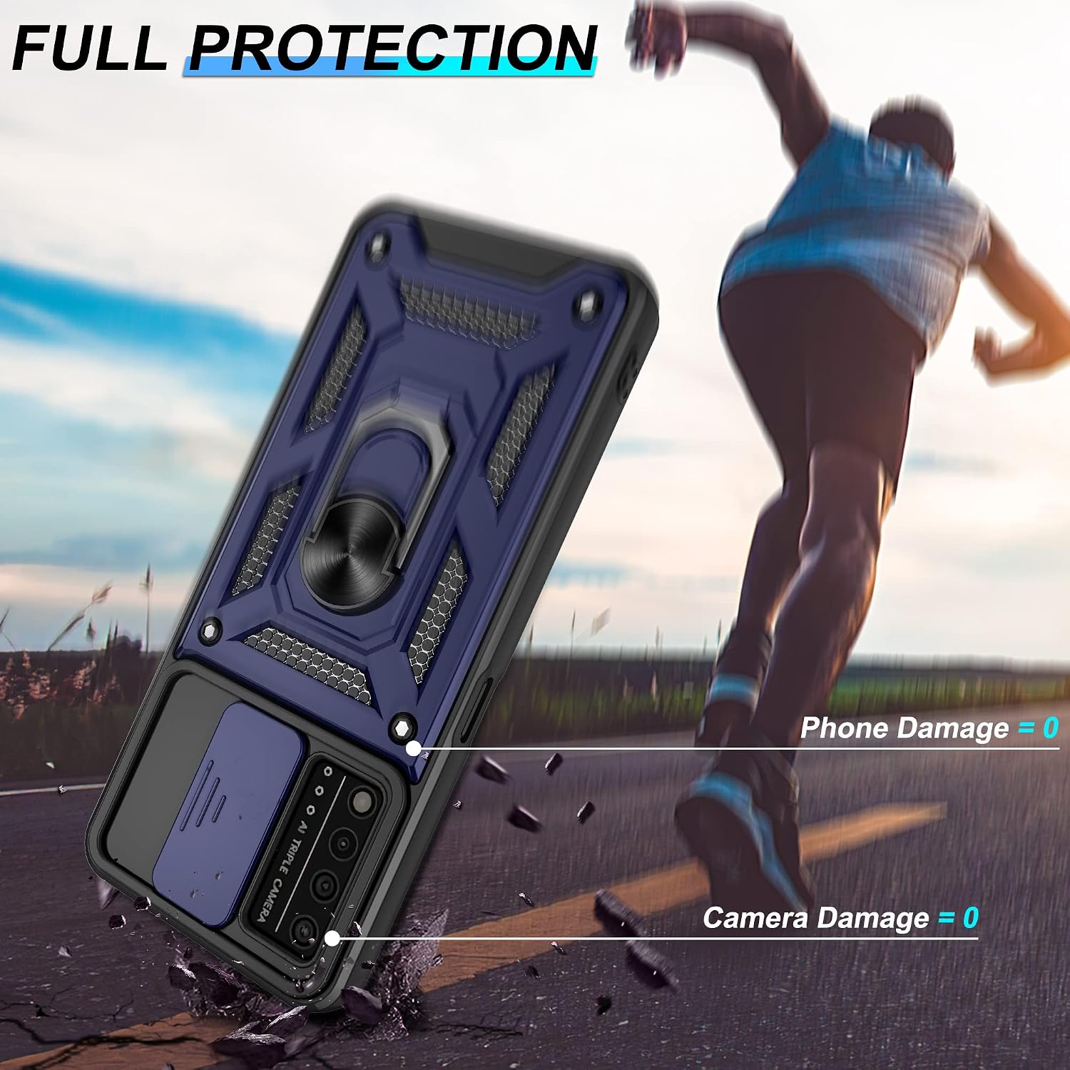 ATUMP for T-Mobile Revvl V Plus 5G Case with HD Screen Protector with Slide Camera Cover, 360° Rotation Ring Kickstand [Military Grade] Protective Case for T-Mobile Revvl V Plus 5G,Blue