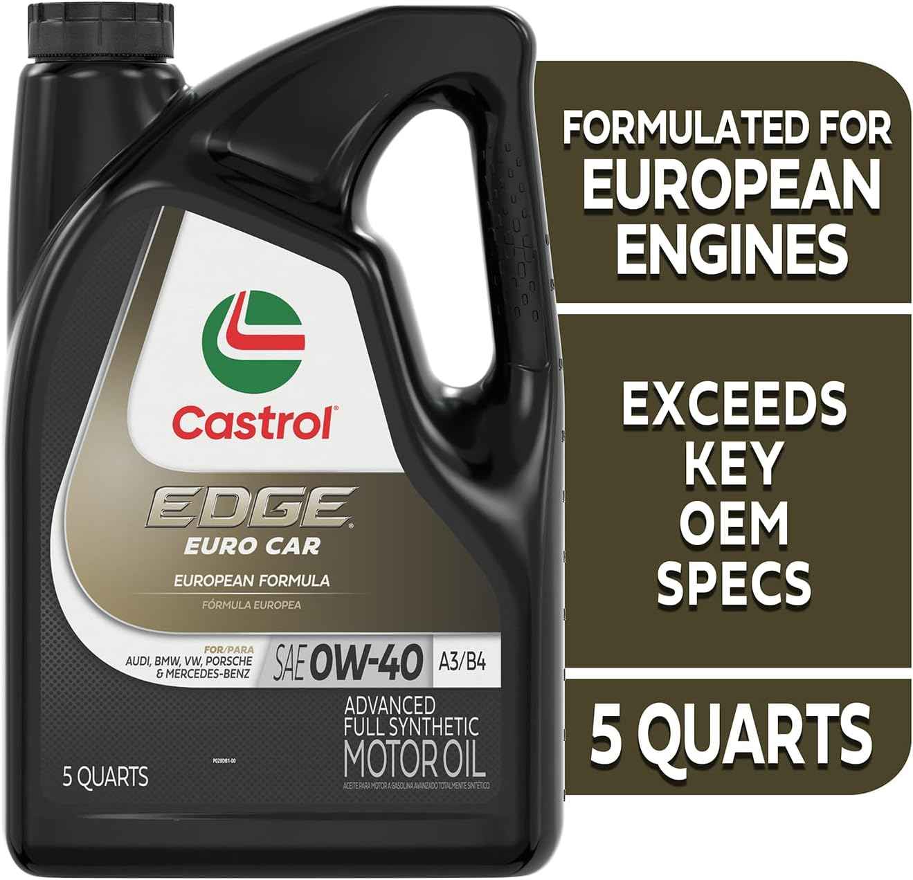 Castrol Edge Euro 0W-40 A3/B4 Advanced Full Synthetic Motor Oil, 5 Quarts