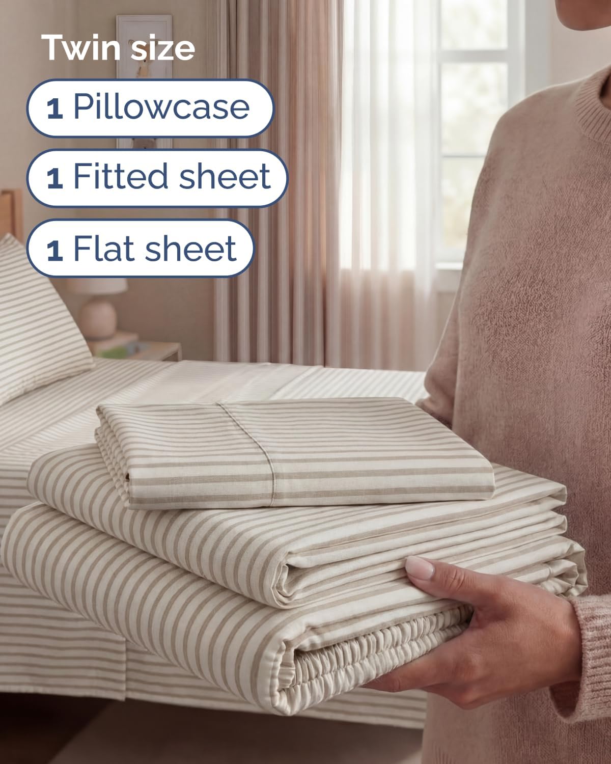 Twin Size 3 Piece Sheet Set - Breathable & Cooling Sheets - Beige Stripes