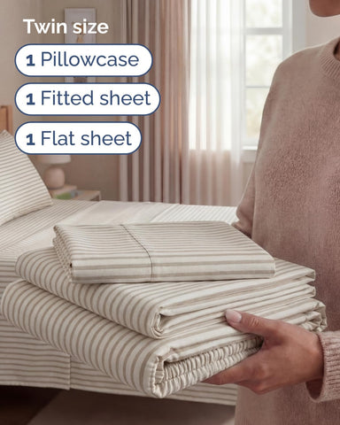 Twin Size 3 Piece Sheet Set - Breathable & Cooling Sheets - Beige Stripes