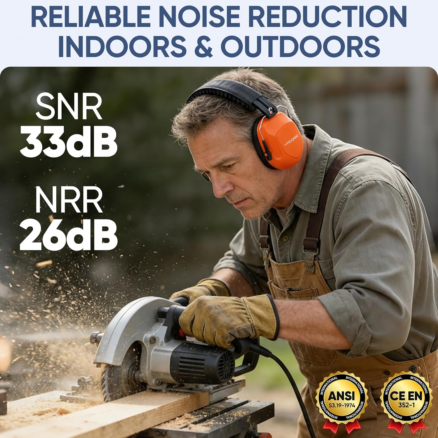 TICONN Noise Cancelling Ear Muffs for Adults, SNR 33dB Hearing Protection, Adjustable Safety Earmuffs for Construction