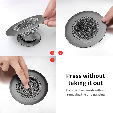 TRAPMATE Shower Hair Drain Catcher, Easy Clean Bathtub Drain Hair Catcher, Fast Drainage Tub Drain Protector, Stainless Steel Shower Drain Cover for US Standard Regular & Pop-up Drain Screen (Black)