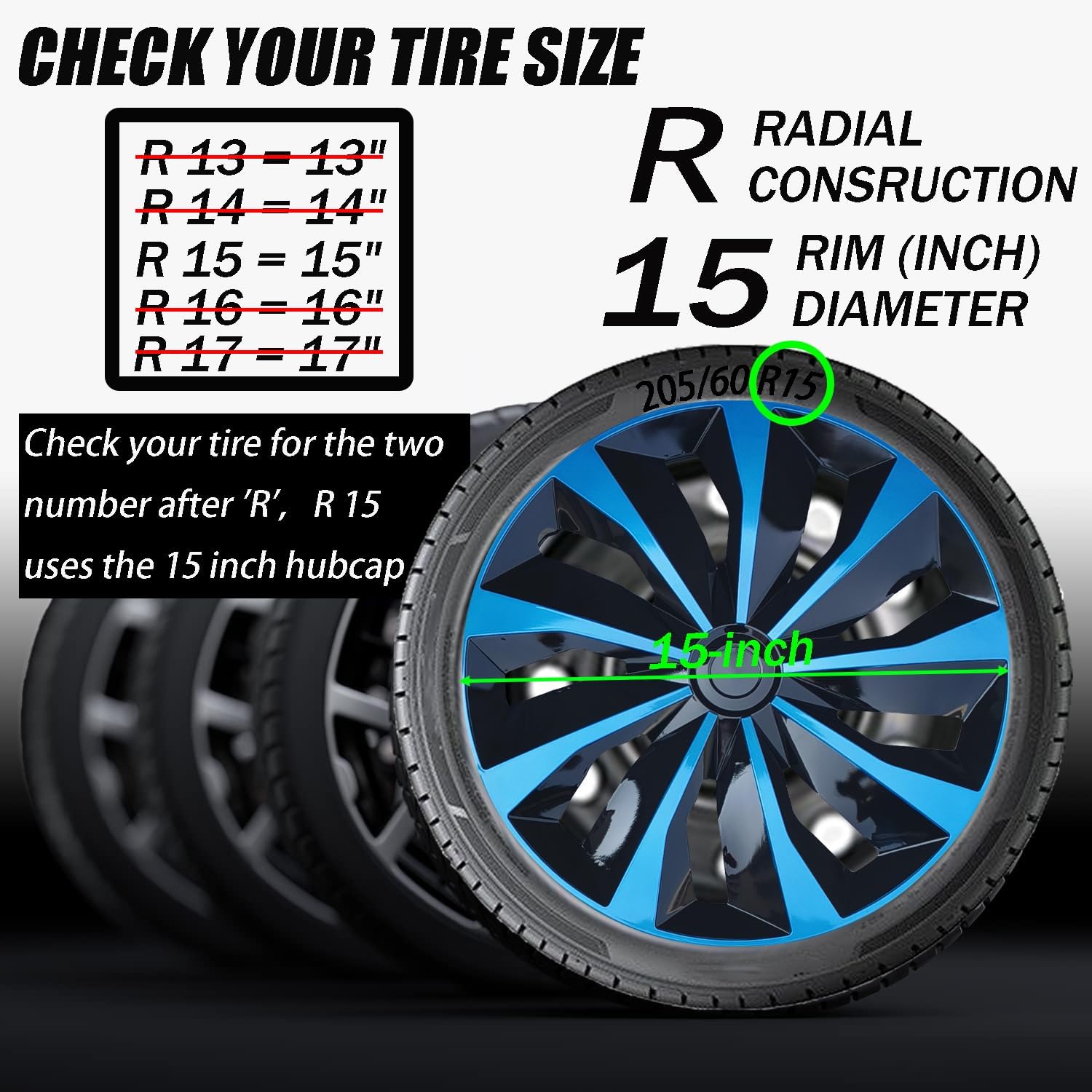 Hubcap Wheel Cover Replacement R15 Hub Caps Universal-Fit Steel Wheel Rim Cover ABS Material Exterior Accessories for Car Truck SUV Van -Set of 4（15-inch，Blue-Black）