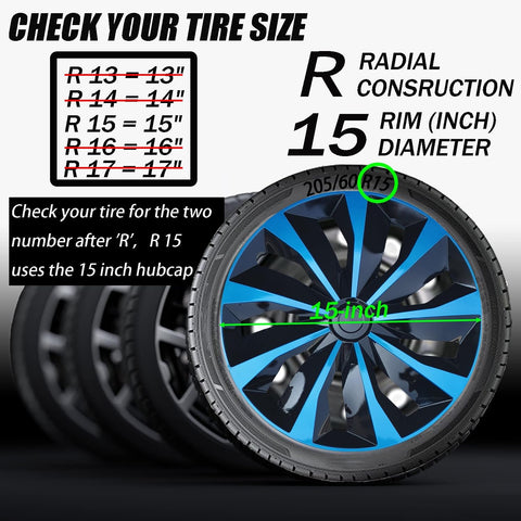 Hubcap Wheel Cover Replacement R15 Hub Caps Universal-Fit Steel Wheel Rim Cover ABS Material Exterior Accessories for Car Truck SUV Van -Set of 4（15-inch，Blue-Black）