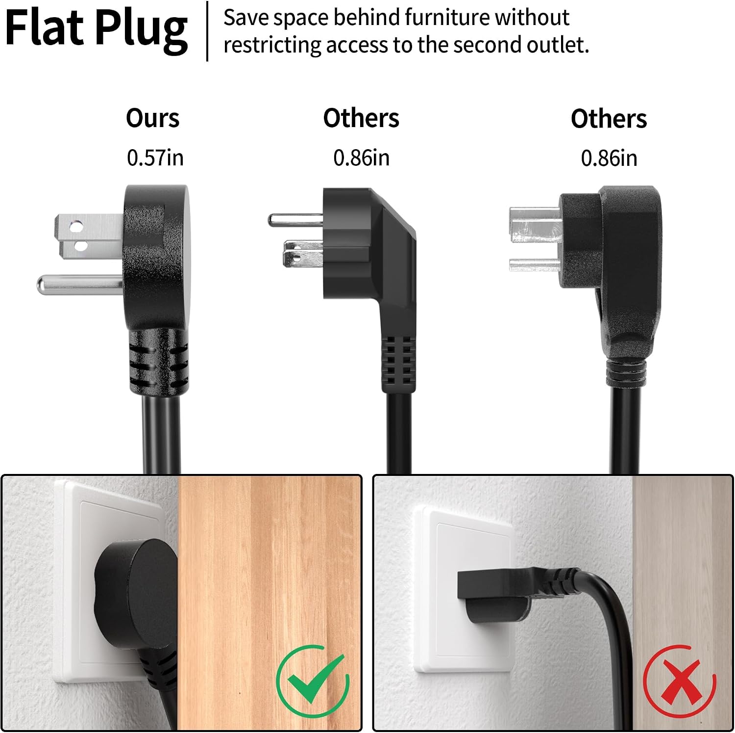 Vockjour 3 FT 14 Gauge Low Profile Flat Plug Extension Cord Black