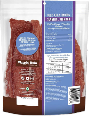 Waggin' Train Duck Jerky Dog Treats for Dogs with Sensitive Stomachs, Made with 100% Real Duck Breasts, Three All-Natural Ingredients, High Protein Dog Treat, Easily Digestible for Dogs, 12 oz. Pouch